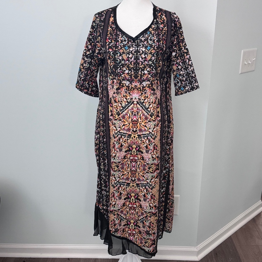 Multicolored Midi V-Neck Dress With Lace Trim